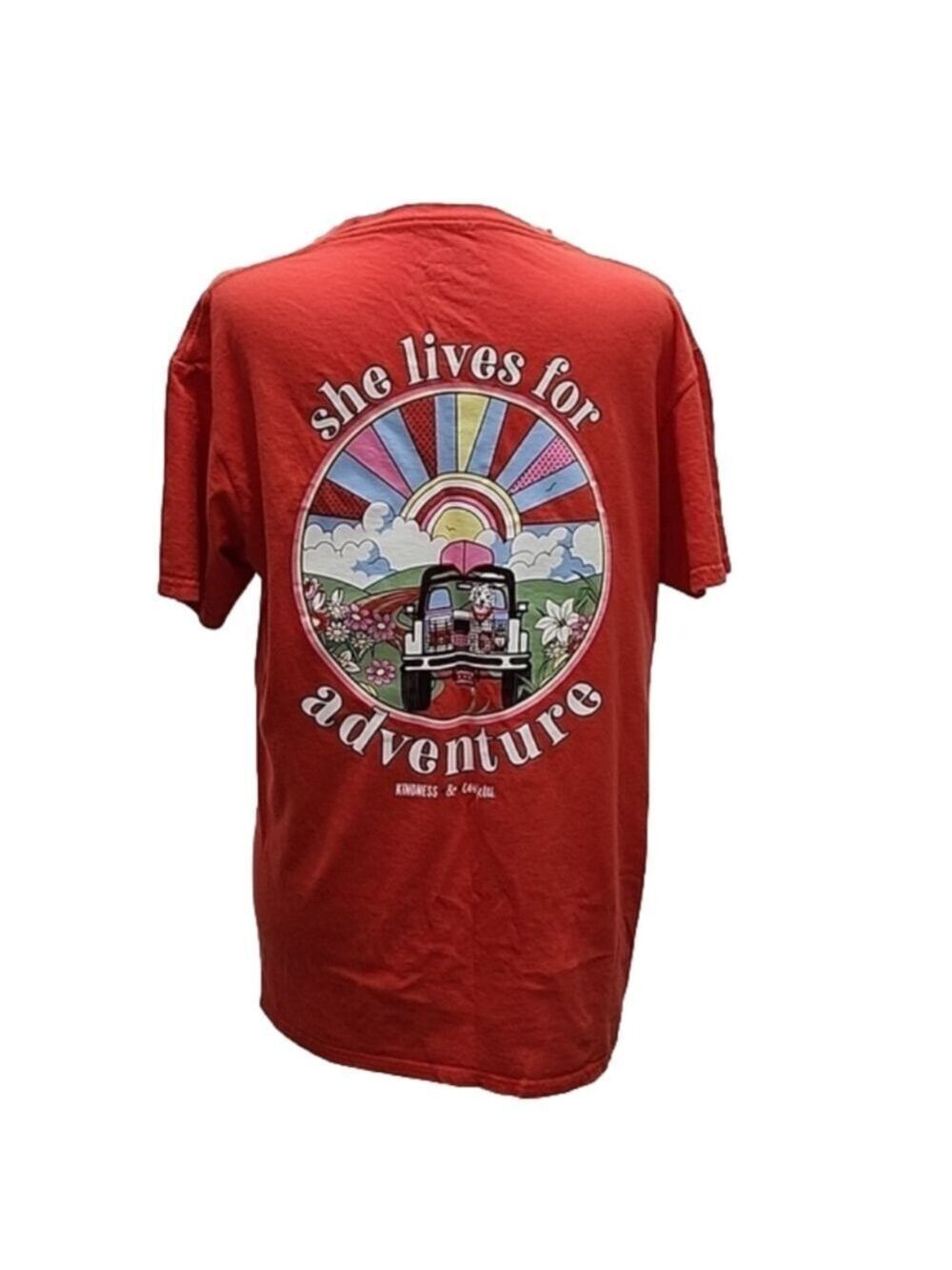 KINDNESS & CONFETTI LADIES LARGE TEE SHE LIVES FOR ADVENTURE